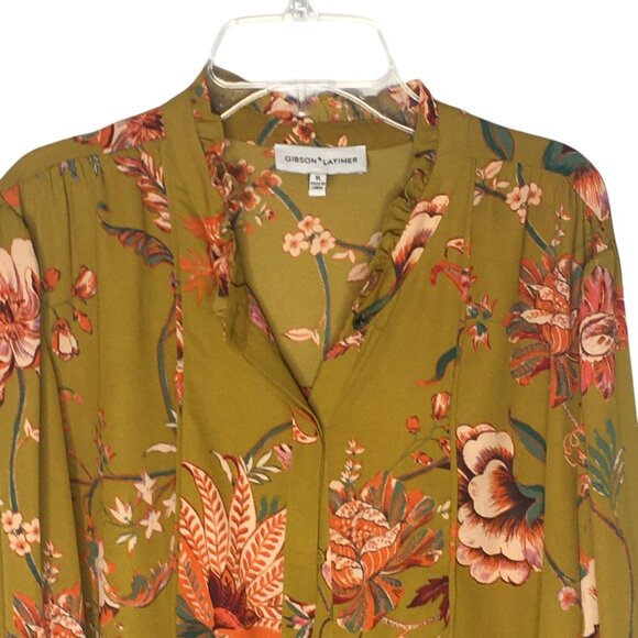 Gibson + Latimer Blouse Womens XL Green Floral Ruffle Cuff Mock Neck Boho Top - Picture 2 of 15